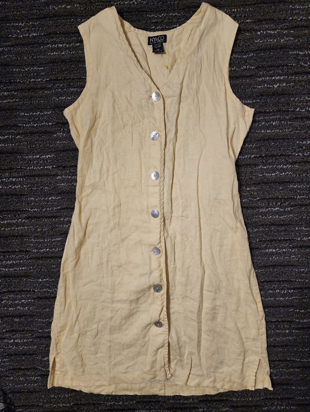 Vintage 90s 100% Linen Mini Dress Button Front Butter Yellow Cottage Women's 10 - Picture 1 of 6